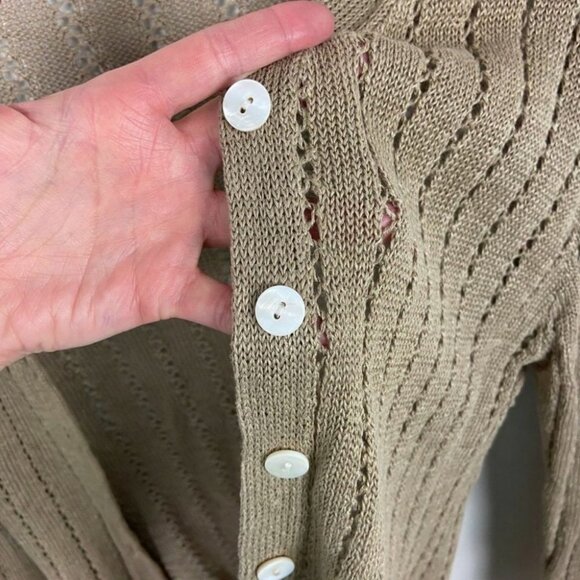 Vintage CDG 100% Linen Tan Knit Cardigan Sweater Cutout Lightweight Hong Kong L - Picture 7 of 13